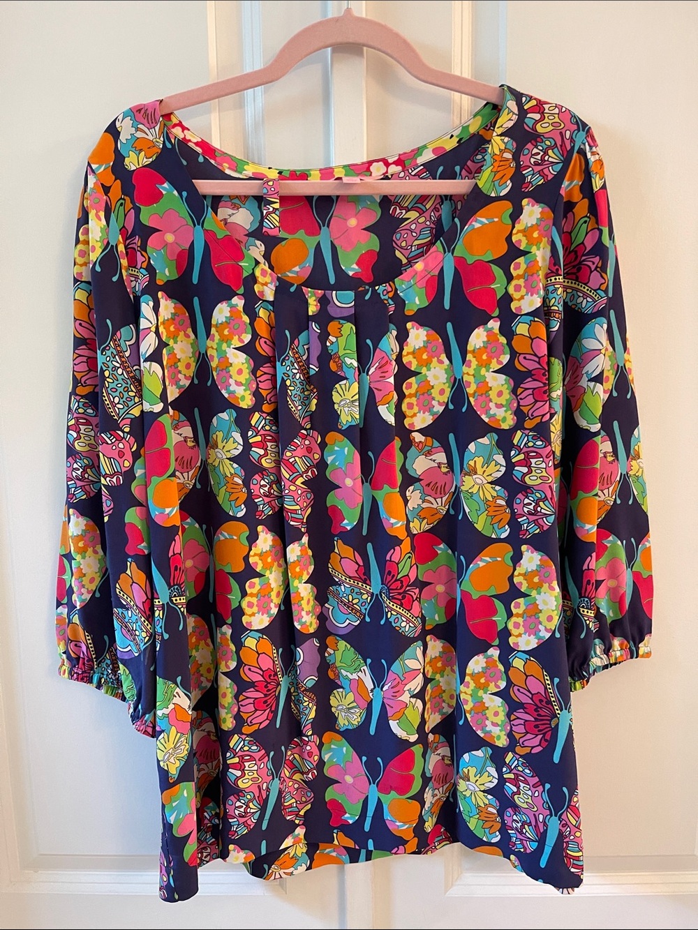 Lilly Pulitzer Navy Floral Butterfly Blouse with Belt- Bright Multicolor